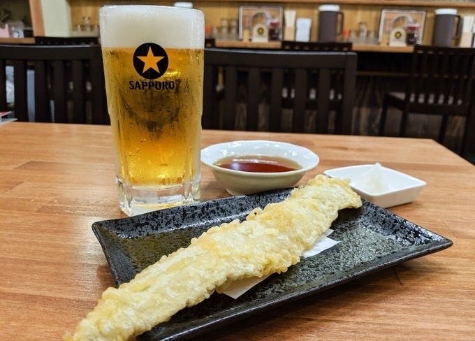 とんかつ天ぷらさくりの生ビール、穴子のてんぷら