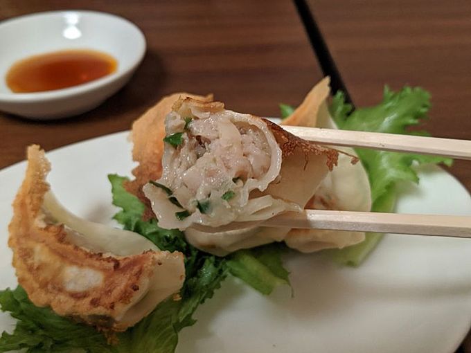 宇都宮・餃子通り(餃子ストリート)にある『豚嘻嘻(とんきっき) 本店』の「豚バラレタス巻き餃子(断面)」